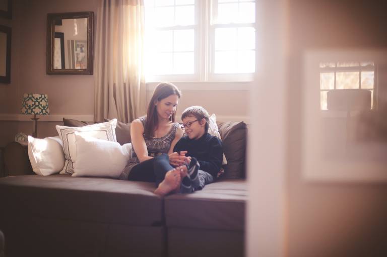 Mother and son having a quiet moment at home.