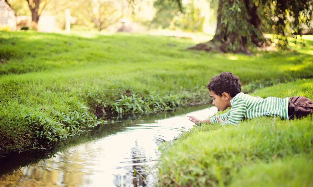 Toddler playing by stream in yard